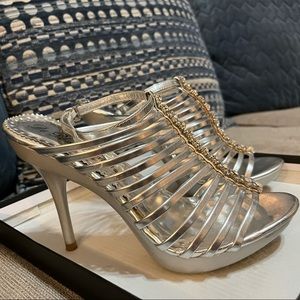 Strappy, silver heels in size 6